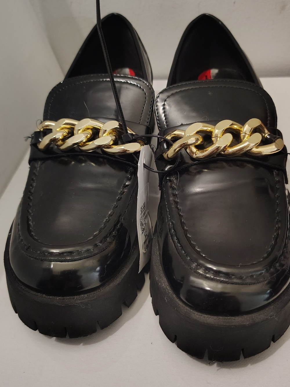 Guess Black Patent Loafers with Gold Chain Accent